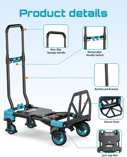 Vista 7 de SEESII Camión de mano plegable 2 en 1, carrito de 330 libras 4/2 con ruedas Azul