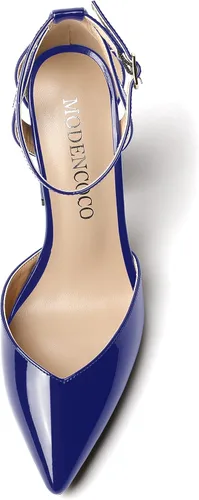 Vista 3 de MODENCOCO Zapatos de tacón alto de charol D'Orsay con correa de tobillo recortada para mujer, 3.5 pulgadas