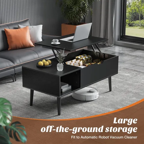Vista 3 de [Usado] Sweetcrispy Mesa de centro elevable negra para sala de estar, mesas centrales de comedor de madera con estante de almacenamiento