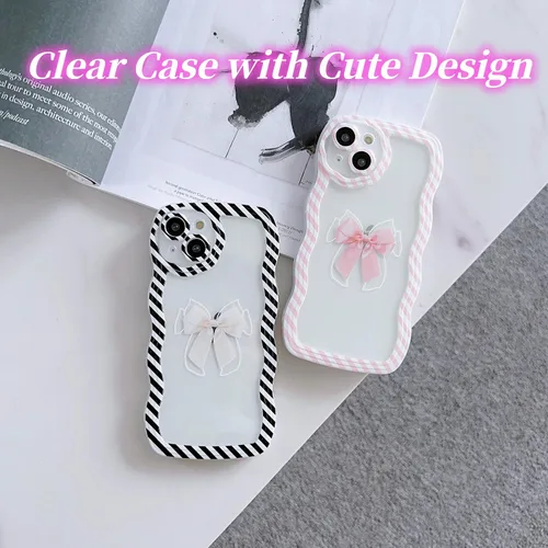 Vista 5 de Funda transparente compatible con iPhone 14 con diseño de lazo para mujeres y niñas, marco estético de rayas, ondulado, suave, a prueba de golpes