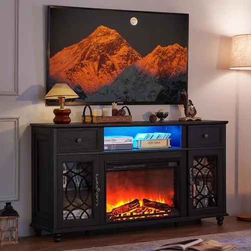 Vista 8 de Joaxswe - Soporte de TV estilo rústico con chimenea, centro de entretenimiento de 59 pulgadas con chimenea eléctrica y luces LED para televisores
