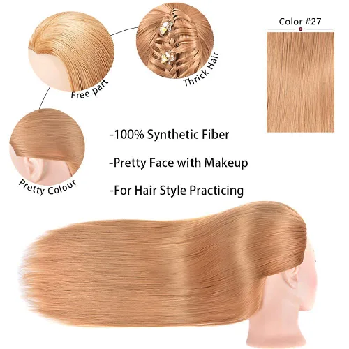 Vista 8 de Headdoll Cabeza de maniquí de 26 a 28 pulgadas, cabeza de maniquí para peinar el cabello y soporte de mesa libre, cabeza de entrenamiento, maniquí