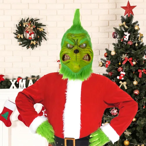 Vista 7 de Blafly Máscara de Navidad para adultos, hombres y mujeres, máscaras realistas de látex de monstruo grande verde, divertidas máscaras de Halloween
