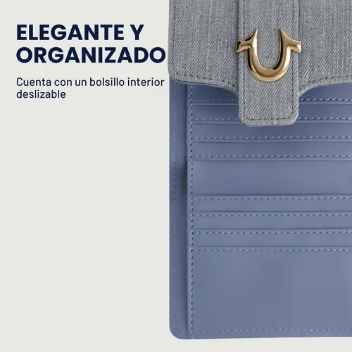 Vista 11 de True Religion Women's Mini Wallet, Horseshoe Logo Small Compact Trifold Clutch Purse Mezclilla clara