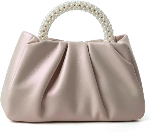 Vista 14 de Beatfull Bolso de noche para mujer, bolso de mano pequeño con perlas de cuero suave, bolso fruncido para boda, novia, fiesta, baile de graduación