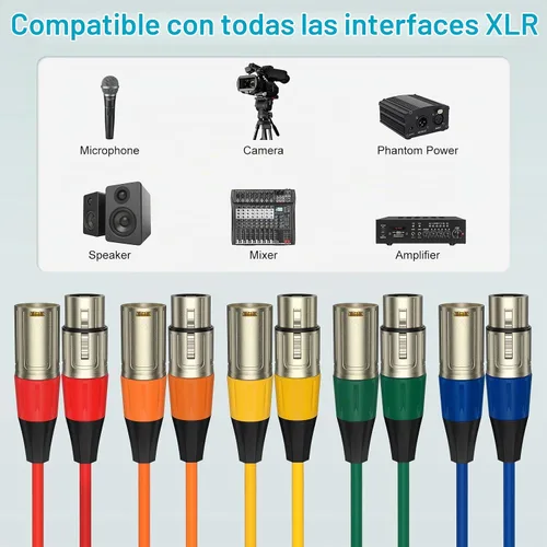 Vista 6 de J&D Cable de micrófono XLR, chapado en oro, resistente, equilibrado, de 3 pines, XLR macho a hembra, cable de micrófono de color para mezclador