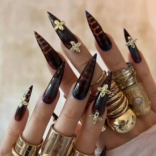 Vista 25 de MISUD Uñas a presión largas Stiletto con pegamento de plata cromada, diseño de cadena gótica Y2K acrílica 24 piezas