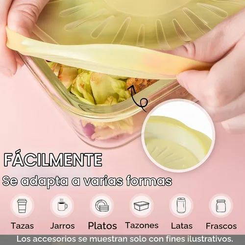Vista 3 de Tapas elásticas de silicona reutilizables – 6 fundas multicolor para alimentos para cuencos, tazas y recipientes – herméticas, a prueba de fugas