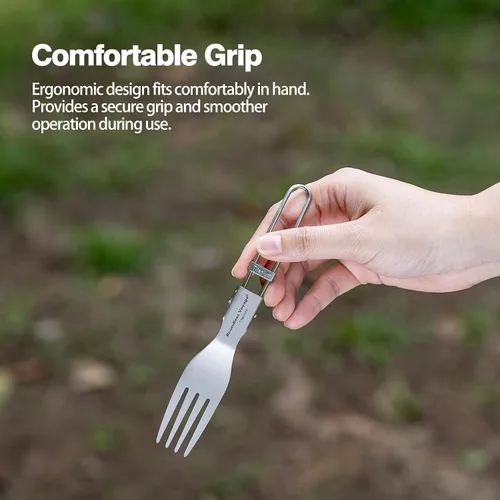 Vista 2 de iBasingo Cuchillo de tenedor de titanio con mango plegable, utensilios de vajilla ultraligeros para camping, picnic al aire libre, senderismo