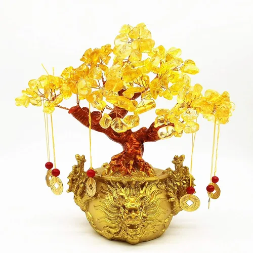 Vista 4 de Colorsheng Árbol de cristal de cuarzo amarillo Feng Shui, árbol de dinero estilo bonsái, decoración para suerte y riqueza (macetas de dragón)