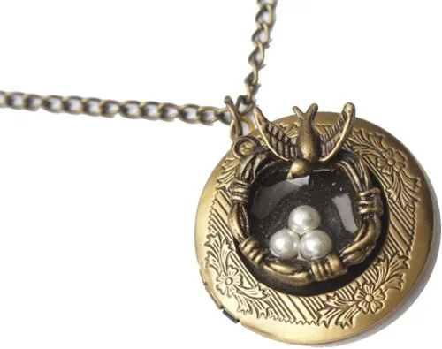 Vista 3 de Collar de medallón de pájaro. Collar de nido de pájaro, collar de bronce. Collar de medallón con dije de pájaro, Metal