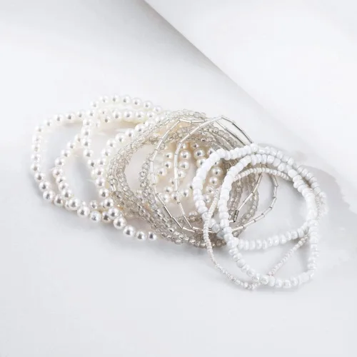Vista 5 de Caiyao Juego de pulseras elásticas de perlas de imitación para mujer, multicapa con cuentas bohemias de semillas de arroz, hilo de perlas apilable