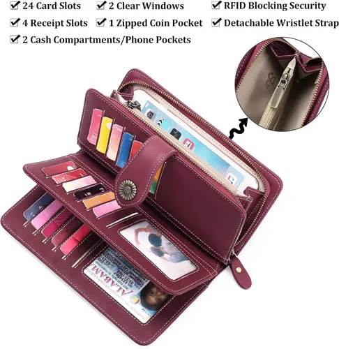 Vista 3 de FALAN MULE Cartera de cuero para mujer, de gran capacidad, bifold, con bloqueo RFID, tarjetero con bolsillo para monedas con cremallera