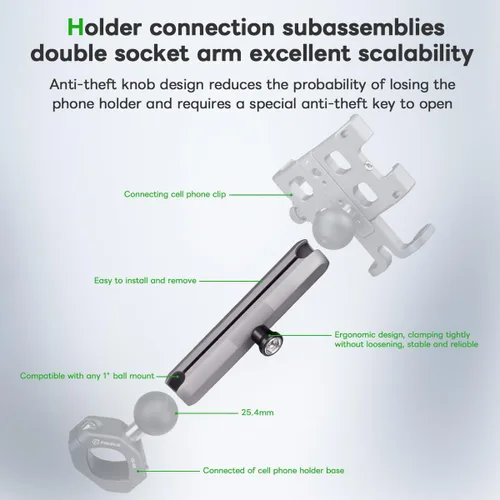 Vista 10 de FANAUE Brazo de doble enchufe de aleación de aluminio, adaptadores de bola antirrobo de 1 pulgada compatibles con soportes RAM, cabeza de bola