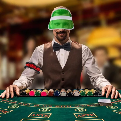 Vista 2 de Hicarer Disfraz de casino de 3 piezas, incluye visera verde de reparto pajarita y brazalete de repartidor de plástico, sombreros estilo casino
