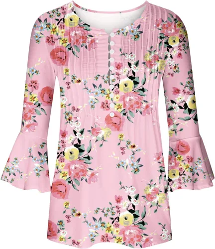 Vista 45 de Ceboyel Blusa tipo túnica con estampado floral para mujer, con botones, estilo Henley, con manga de codo, casual, trajes de moda para mujer