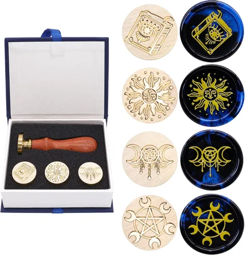 Vista 7 de SWANGSA - Juego de sellos de cera, estilo vintage, 4 cabezas con patrones navideños y 1 mango de madera para regalos de Navidad y Año Nuevo Dorado