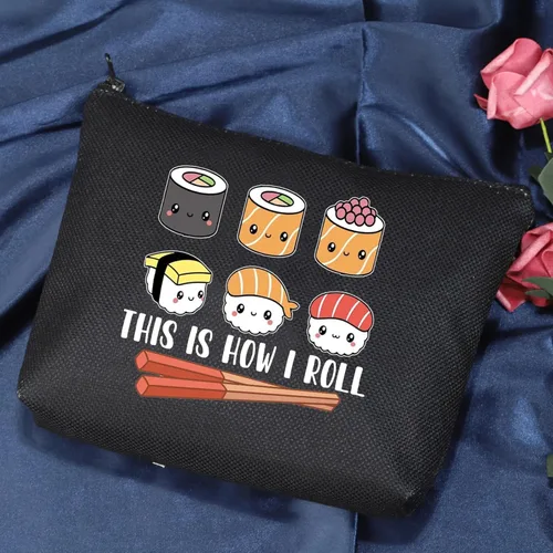 Vista 4 de POFULL Regalo para amantes del sushi, bolsa de cosméticos This is How I Roll, regalo de fiesta de sushi, cocina japonesa, regalo para amantes