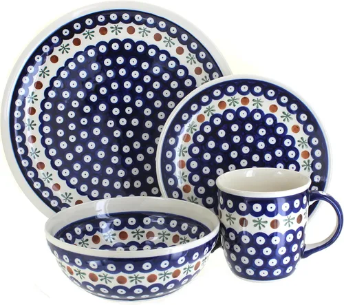 Vista 5 de Cerámica polaca de rosas azules, juego de vajilla de 16 piezas con diseño de mariposa floral roja, 4 lugares, ideal para cenas diarias, comidas