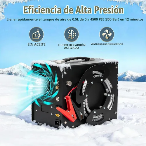 Vista 4 de TUXING Compresor de aire PCP, diseño de carrete de bobinado portátil, compresor de pistola de aire PCP con convertidor de potencia integrado, parada