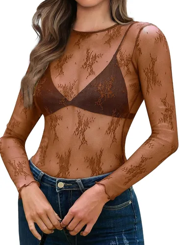 Vista 12 de OFEEFAN - Blusas de malla para mujer con manga larga y encaje, camisetas de cuello redondo ajustadas y transparentes Champán