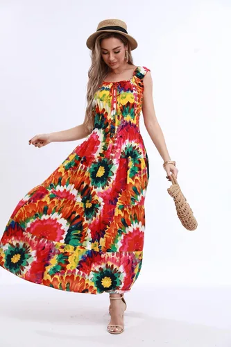 Vista 4 de OSTOO Vestido largo de verano 2024 con estampado floral bohemio y holgado para mujer