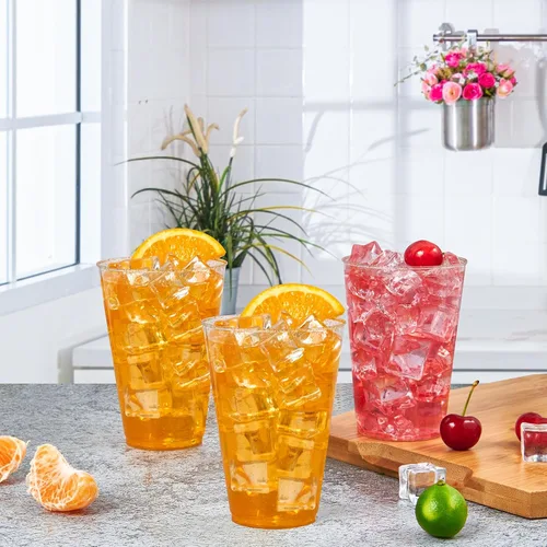 Vista 6 de Vplus 100 unidades de 14 onzas de vasos de plástico grandes con purpurina dorada resistentes, vasos de plástico desechables elegantes, vasos