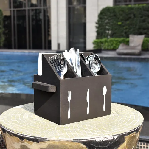 Vista 8 de Ikee Design - Organizador de utensilios de madera con asas Organizador de utensilios de madera para encimera, fiesta, camping y cocina, Negro