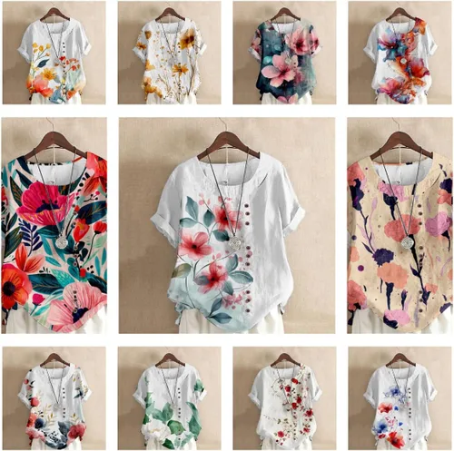 Vista 5 de domirica Camisetas de verano para mujer 2024 con estampado de flores, algodón, lino, manga corta, cuello redondo, camisas casuales de moda