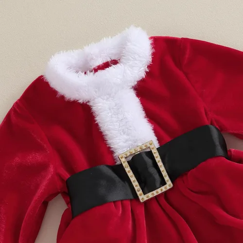 Vista 4 de Mameluco de Navidad para bebé recién nacida, vestido de terciopelo rojo, 2 piezas, ropa de Navidad para bebé