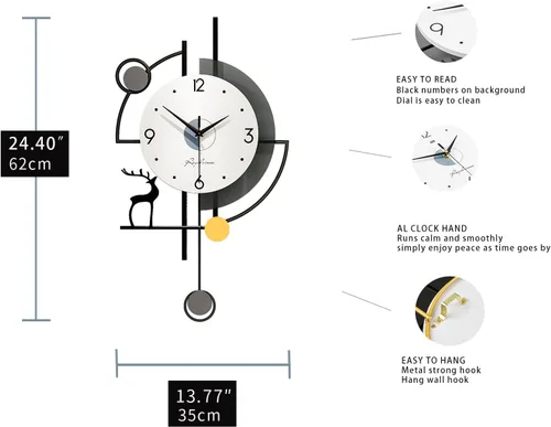Vista 5 de FLEBLE Relojes de pared grandes para decoración de sala de estar, reloj de pared moderno de péndulo, cuarzo silencioso, funciona con pilas, sin