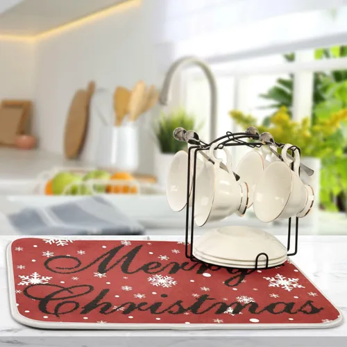Vista 5 de Tapete de secado de platos rojo de Feliz Navidad para cocina, tapete de secado de microfibra blanca con copos de nieve, absorbente y reversible