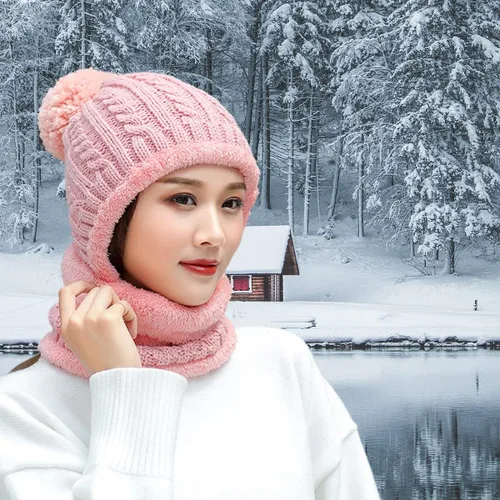 Vista 3 de Gorros de invierno para mujer, de una pieza, con forro polar, de punto, pasamontañas, con cuello de calavera, bufanda circular, sombrero de nieve