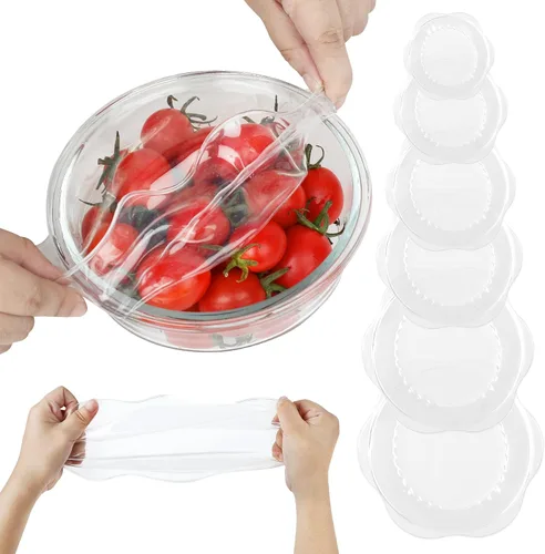 Vista 10 de Tapas elásticas de silicona para almacenamiento de alimentos en el refrigerador, fundas elásticas reutilizables para tazas, latas, tarros