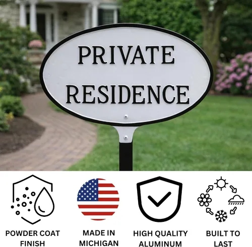 Vista 3 de Montague Metal Products Letrero de residencia privada – Placa de metal ovalada blanca y negra con estaca para césped, 8.5 x 13 pulgadas, letrero