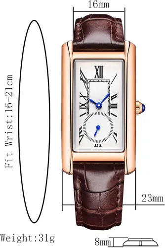 Vista 6 de carlien Reloj de cuarzo para mujer, elegante, rectángulo, vestido con correa de cuero y corona de cristal azul
