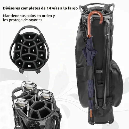 Vista 2 de Bolsa de golf con divisores de longitud completa de 14 vías con soporte, bolsa de golf ligera e impermeable, 8 bolsillos, bolsa enfriadora, bolsa