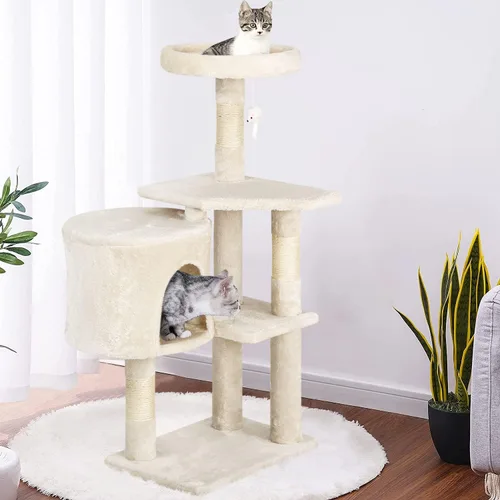 Vista 2 de BestPet Torre para Gatos de 36" Beige Torre Resistente para Gatos de Múltiples Niveles con Casita de Felpa, Percha Acogedora, Postes