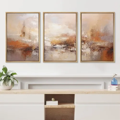 Vista 2 de wall26 Lienzo enmarcado para pared, juego de arte con trazos de pintura roja y naranja vibrante, paisaje, formas abstractas, ilustraciones, arte