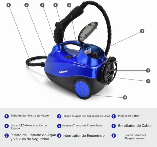 Vista 8 de COSTWAY Limpiador a vapor multiusos de 2000 W con 19 accesorios Azul