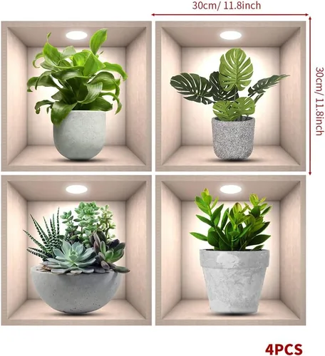 Vista 2 de iMagitek Paquete de 4 Pegatinas de Pared de Plantas Verdes 3D Calcomanías de Pared de Plantas Botánicas para Dormitorio, Sala de Estar, Cocina