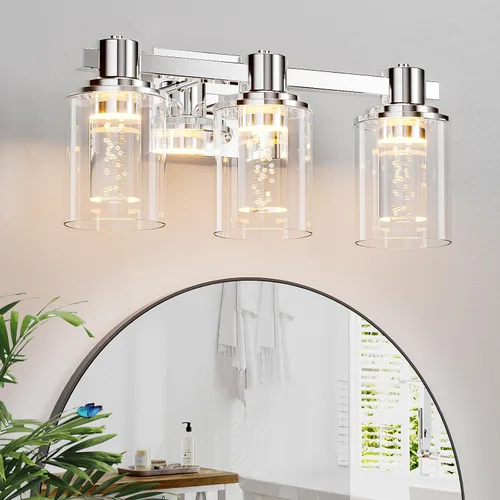 Vista 27 de Quntis Lámparas de baño de níquel cepillado con 5 modos de color, lámpara de tocador de baño moderna regulable de 3 luces sobre espejo, lámpara