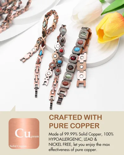 Vista 2 de Feraco Pulseras de Cobre Puro para Mujeres, Pulsera Magnética de Ultra Fuerza con Imanes de 3800 Gauss y Turquesa Natural y Piedras, Ajustable
