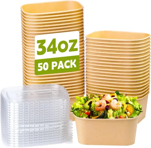 Vista 11 de 50 cuencos de papel de 17 onzas con tapas, recipientes desechables de 17 onzas líquidas con tapas, recipientes desechables para sopa con tapa