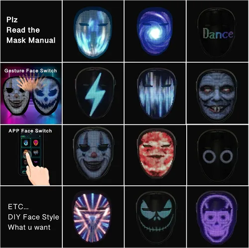 Vista 3 de Máscara LED con Bluetooth programable máscara de luz de Halloween para fiesta de máscaras máscara de cosplay