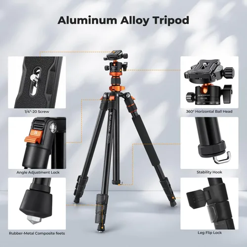 Vista 4 de K&F CONCEPT Trípode para cámara, trípode de aluminio de 78 pulgadas, trípodes y monopies de 81 pulgadas, trípode de viaje estable y resistente