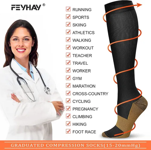 Vista 6 de FEYHAY Calcetines de compresión de cobre (8 pares) de 15-20 mmHg de circulación es la mejor atlética y diaria para hombres y mujeres, correr