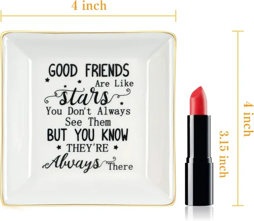 Vista 7 de NatuBeau Regalos para amigas para mujeres, plato de cerámica para anillos con texto en inglés "Good Friends are Like Stars", bandeja de joyería