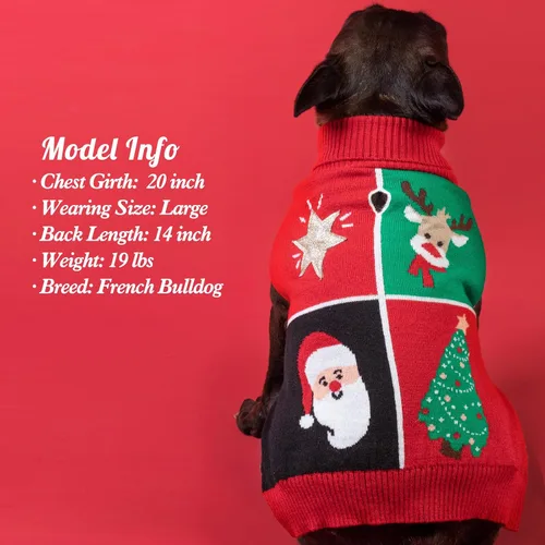 Vista 5 de KYEESE Suéter de Navidad para perros pequeños, cuello alto, bloque de color, ropa de punto para perro con agujero para correa, suéter