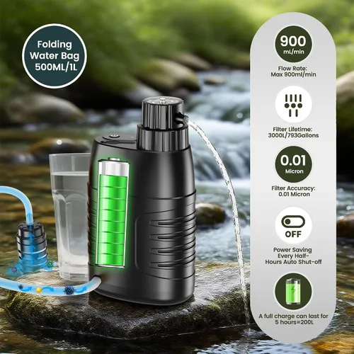 Vista 2 de YOTAN Purificador de agua eléctrico de supervivencia, filtro de agua portátil de 6 etapas de 0.01 micrones con brújula de emergencia, sistema